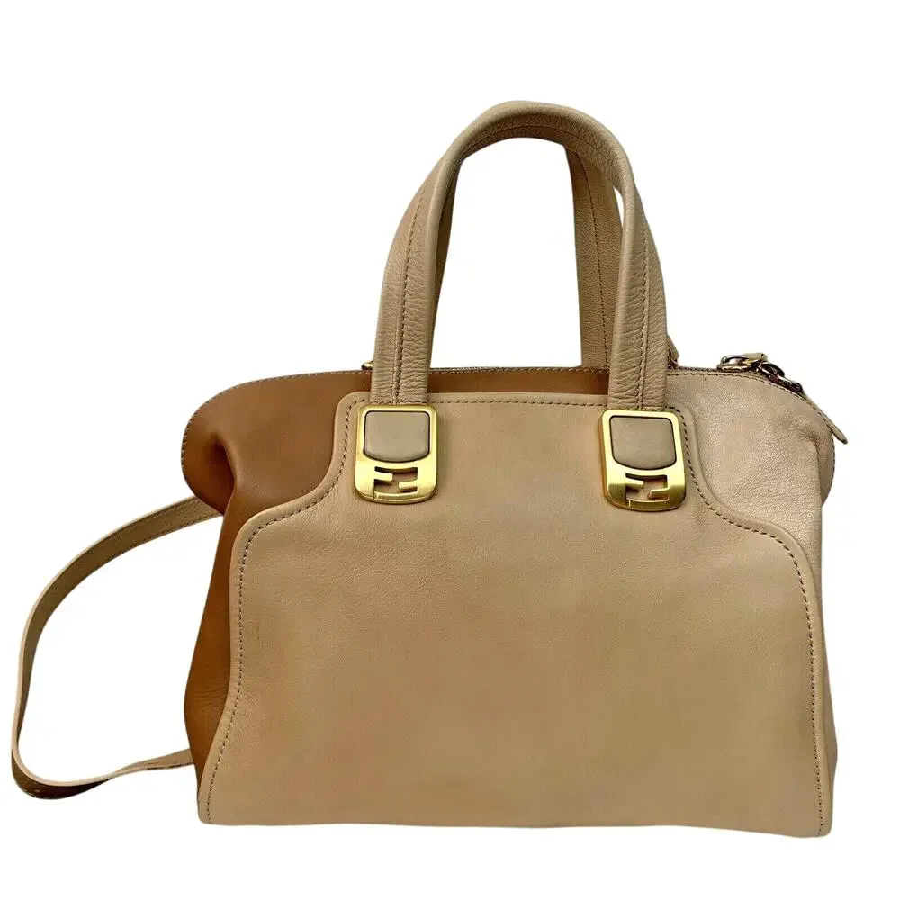 FENDI Chameleon Tri Nude Beige Tan Camel Leather Satchel Top Handle Bag Strap